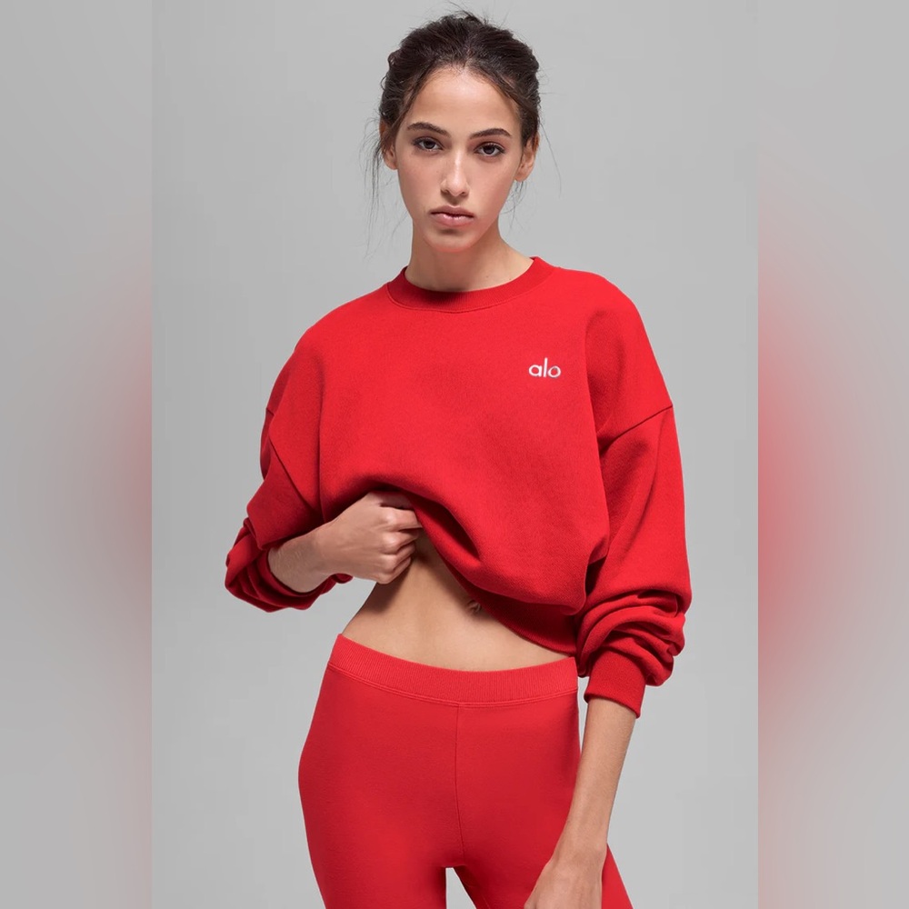 Alo Yoga Cropped Accolade Crewneck Bright Red XS - Picture 2 of 8